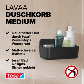 tesa LAVAA Duschkorb M, schwarz matt - Duschablage zur Wandmontage ohne Bohren, inkl Powerstrips Waterproof Strips XL - 260 mm x 130 mm x 110 mm