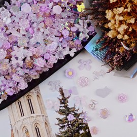 Sinyanail 300pcs Nail Art Charms Kit,Over 100pcs Mixshape Resin Gems and 100 pcs Mixed Flatback Nail Rhinestones Pearls with Over 100pcs Sequins for Women's Manicure Making(Purple)