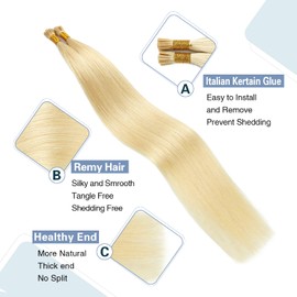 Sunya I Tip Hair Extensions Human Hair Bleach Blonde 14 Inch I Tip Human Hair Extensions Pre Bonded I Tip Human Hair Extensions Cold Fusion Hair Extensions Human Hair #613 Color 40 Grams 50 Strands/Package