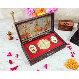 GoldGiftIdeas 24K Gold Plated Laxmi Ganesha Saraswati Photo Frame with Charan Paduka Box, Return Gift for Housewarming, LGS Wooden Momento Gift, Prosperity Gift