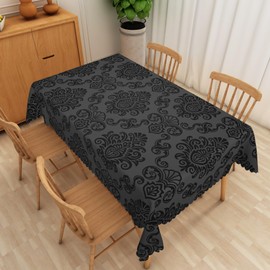 Leyiyi Vintage Black Rectangle Tablecloth Black Damask Floral Waterproof Table Cloth Vintage Baroque Classic Flower Pattern Table Cover for Home Kitchen Dining Room Table Decorations 60x120inch