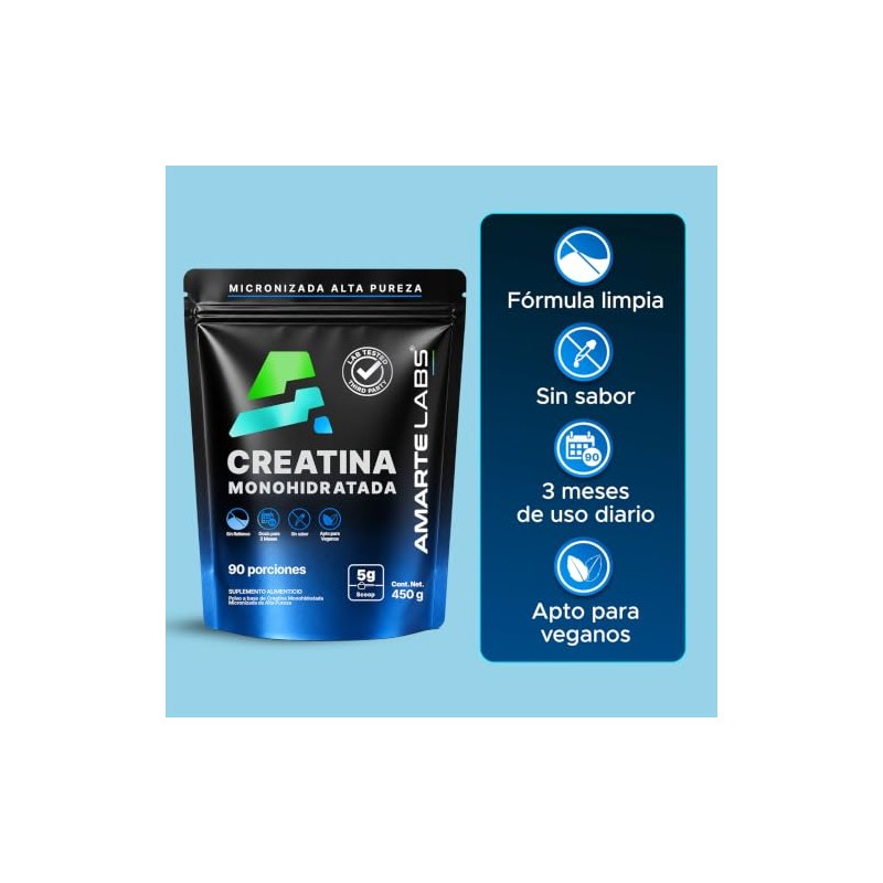 AMARTE LABS | Creatina Monohidratada Micronizada En Polvo 450g 90