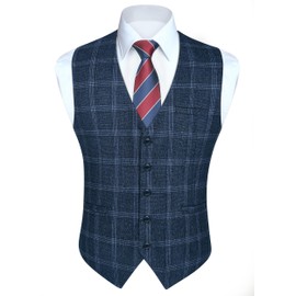 HISDERN Mens Blue Waistcoats Formal Check Waistcoat Plaid Waist Coat Working Wedding Suit Vest Sleeveless V Neck 2XL