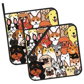 Dogs Cats Doodle Pot Holders Set of 2 Kitchen Heat Resistant Potholders for Microwave Cooking Baking Oven End Dishes and BBQ Gifts for Women