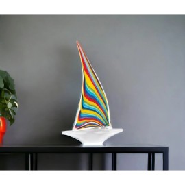Homeroots 14" Clear Red Blue Yellow Murano Glass Sailboat Tabletop Sculpture