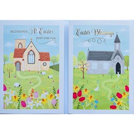 Religious Easter Greeting Cards, Church Design with Spring Flowers, Pack of 2