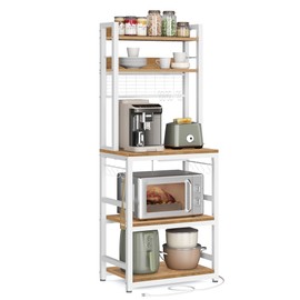 VASAGLE Bakers Rack with Power Outlet, Microwave Stand, Kitchen Tall Utility Storage Shelf, with Metal Wire Panel, 14 Hooks, 15.7 x 23.6 x 66.9 Inches, Rustic Walnut and Cloud White UKKS037W41