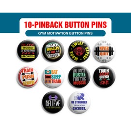 Creanoso Gym Motivation Button Pins (1-Set X 10 Buttons) - Fun Classroom Reward Incentives for Students and Children - Stocking Stuffers Party Favors & Giveaways for Boys, Girls, Kids, Teens