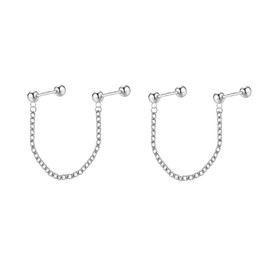 Double Piercing Ball Cartilage Stud Chain Threader Dangle Drop Earrings for Women Men Stainless Steel Helix Screw Back Two Holes Cuff Wrap Climber Crawler Tassel Minimalist Hypoallergenic (Silver, One size)