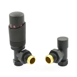 Hot Flow Textured Black Cascade Angled Modern TRV Thermostatic Radiator Valve (Pair) Includes Angled TRV Body & One Lock Shield for Quick & Easy Temperature Control. Perfect for Energy Saving.