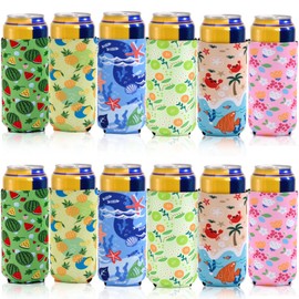 YIMITEE 12 Pack Slim Can Sleeves, 12 OZ Reusable Neoprene Skinny Can Cooler, Tall Bottle Insulator, Foldable Beverage Cover for White Claw, Red Bull, Beer, Seltzer, Beach Theme Hawaiian Party Decor