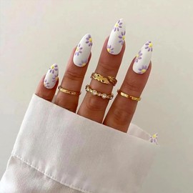 Vezocim White Oval Short Press on Nails, 24Pcs Flower Full Cover Reusable Glossy Fake Nails Set, Artificial Fingernails False Nails with Floral Daisy Designs, Glue Stick on Nails with Charm
