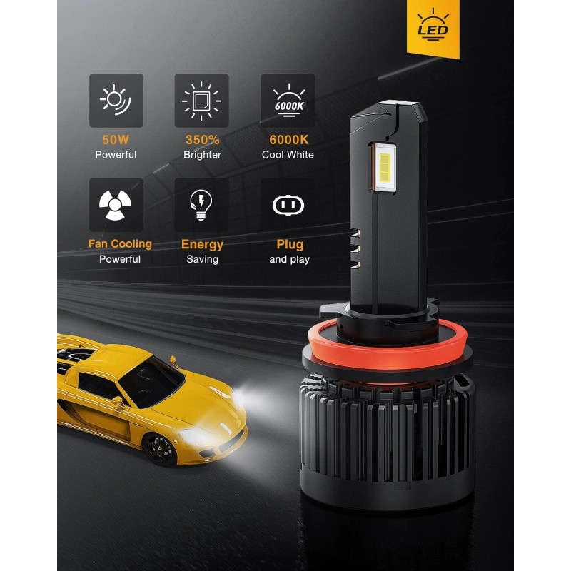 Nilight H11 Headlight Bulbs E20 Series 50W 10000LM 6000K IP67