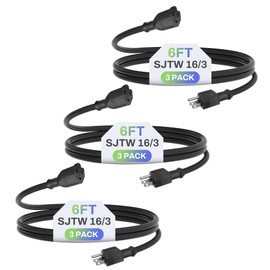 BN-LINK 6ft Indoor Outdoor Extension Cord 16/3 SJTW, 3 Pack, Black, 3-Prong, Weather Resistant & Flame Retardant, for Indoor, Garden, Landscaping & Holiday Decorations