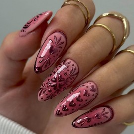 Long Press on Nails Almond Fake Nails Red False Nails Charm Artificial Nails with Hearts and Floral Designs Stick on Nails for Women 24pcs
