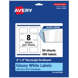 Avery Glossy White Rectangle Scalloped Labels with Sure Feed, 2" x 3", 400 Glossy White Labels, Print-to-The-Edge, Permanent Label Adhesive, Laser/Inkjet Printable Labels
