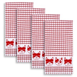 Cackleberry Home Cat Faces Windowpane Check Cotton Terrycloth Kitchen Towels, Set of 4 (Red)