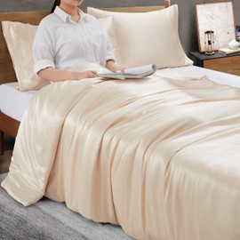 Ersmak 60" x 80" Duvet Cover for Weighted Blanket, Silky & Removable Satin Duvet Cover with Zipper & 8 Ties Secure Fastening, Beige