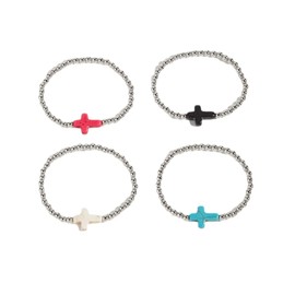 Pingyongchang Silver Beads Colorful Cross Bracelets Set for Women Stackable Baptism Christian Easter Stack Stretch Bead Ball Simulated Pearl Bracelet Wedding Party Christmas Gifts-Silver
