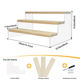 Acrylic Wooden Display Stand Figures Clear Acrylic Display Riser Shelf Wood Tiered Shelf Rack Step Ladder Riser Stands for Cupcakes Perfumes Figures Collectibles Jewelry Spice Desserts (3 Tier)