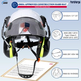 Perldverge Construction Hard Hat with Visor and Hearing Protection-White Carbon Fiber Hardhat OSHA Approved with Visor and Ear Muffs,Construction/Forestry/Arborist Safety Helmet with Chin Straps
