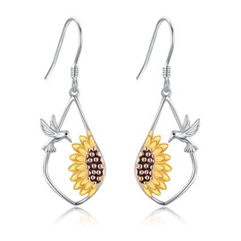 Hummingbird Earrings Sterling Silver Sunflower Dangle Drop Earrings Sunshine Jewellery Gifts for Women Girls