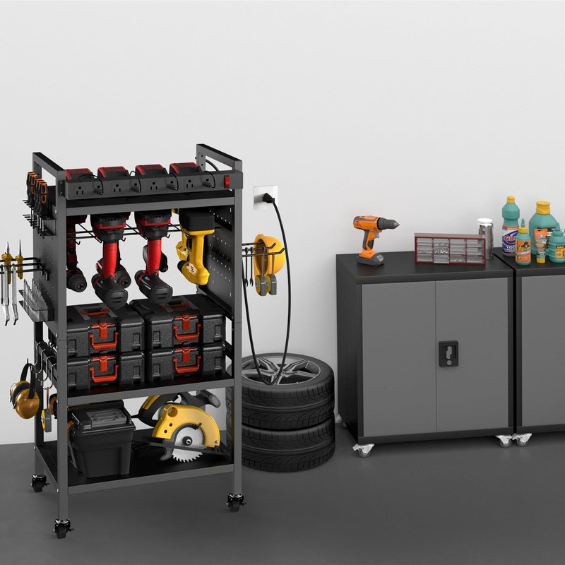 zsttion Power Tool Organizer Cart with Charging Station, 4-Tier Rolling