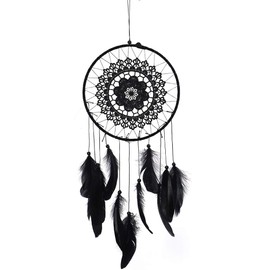 Haosie Feather Dream Catcher, 19.7×8.1in Handmade Lace Dream Catcher Bedroom Ornaments, Black Wall Art Hanging Decoration for Living Room, Balcony, Bedroom Decor