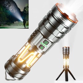 CLOVPO Rechargeable Flashlight 11 Modes Tactical Camping Flashlight with Red-Blue Emergency Lights, 10000 Lumens 3 in 1 Portable Camp Light with Stand, Bright LED Flashlight for Outdoor Activity