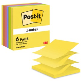 Post-it Z-Notes Neon Rainbow Collection, Pack of 6 Pads, 100 Sheets per Pad, 76 mm x 76 mm, Yellow, Green, Purple, Pink, Orange Colors - Self-stick Notes For Note Taking, To Do Lists & Reminders