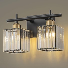 TinHon Modern Crystal Bathroom Vanity Light Fixture,Matte Black Crystal Bathroom Lighting Fixtures Over Mirror,2-Light Vanity Lights Vintage Bathroom Wall Light Fixtures