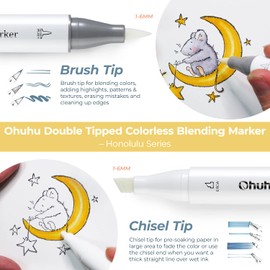 Ohuhu Alcohol Markers Colorless Blenders - Pack of 6 Alcohol Based Ink No.0 Blender Brush Pen of Ohuhu Markers for Easy Blending Layering with Alcohol Markers