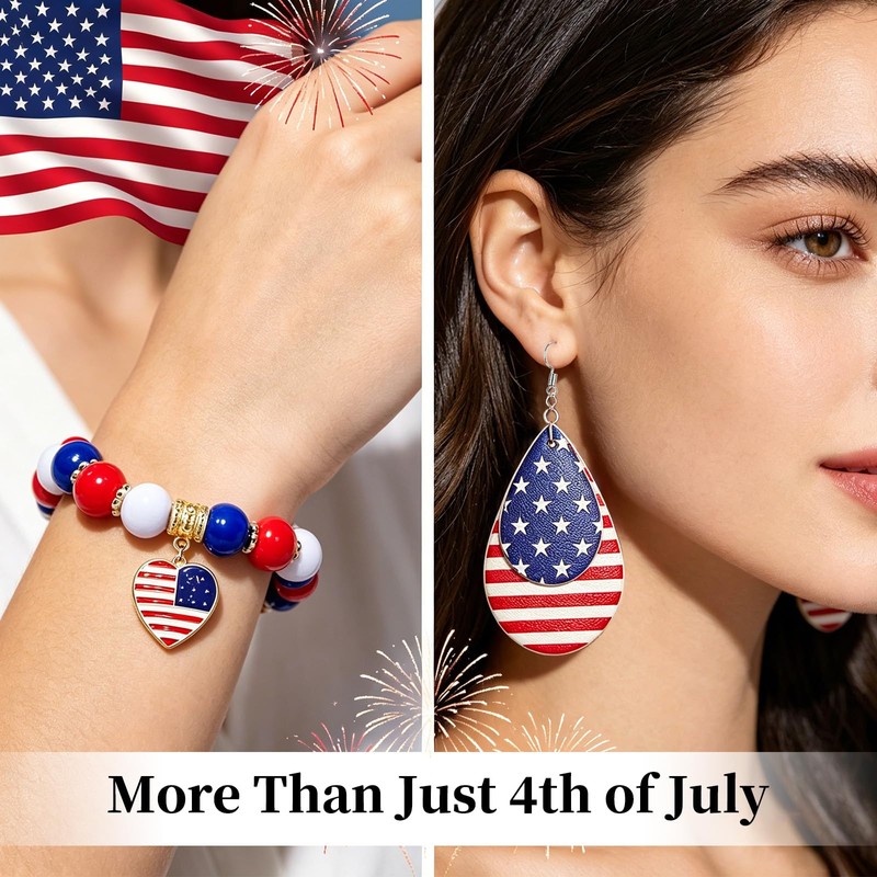 Patriotic 4th of July Flag Earrings Bracelet Set for Women