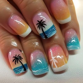Summer Coconut tree Press on Nails Short Square Fake Nails Full Cover Gradient Designs Palm Tree Stick on Nails Acrylic Nails French Tip Press ones False Nails Glue on Nails for Women Girls Art 24Pcs