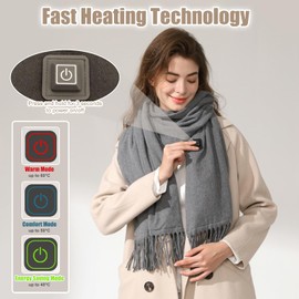 Heated Scarf for Women Men, Electric USB Neck Scarf with 3 Heating Levels, Fast Heating Winter Long Shawl Soft Neck Warmer for Outdoor Camping Hiking Skiing, Gray