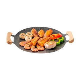 Korean Grill Pan with Nonstick Coating, 12" Round Cast Iron Griddle Pan with 2 Wooden Holders, Compatible for Induction, Gas Stove, Electric Cooktop, Indoor or Outdoor Grilling