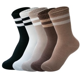Deeorla Womens Striped Crew Socks Brown Vintage Retro Athletic Socks 5 Pairs, D-5 Pairs, One Size