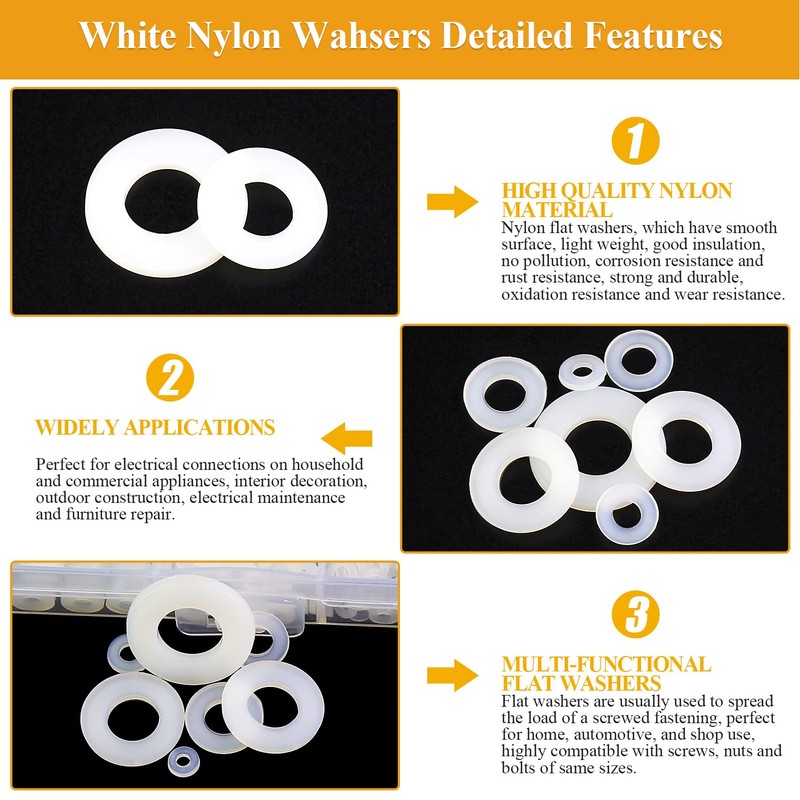 Sutemribor 640-Piece 8-Size White Nylon Washers Assortment Kit - Metric