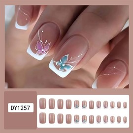 French Tip Press On Nails Medium Square Fake Nails Butterfly With Line Design Nude False Nails Full Cover Nails Press Ons Acrylic Nails Glossy Glue On Nails Cute Stick On Nails For Women 24pcs