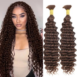 Human Braiding Hair Deep Wave 20 inch 100g Chocolate Brown Bulk Human Hair for Braiding 12A Brazilian Deep Curly Human Hair Extensions for Boho Braids Wet and Wavy Human Hair Braiding Hair