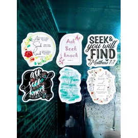 (6 PCS) Matthew 7 7 Ask Seek Knock Christian, Bible Verse Sticker Waterproof Vinyl Decal Size 3"