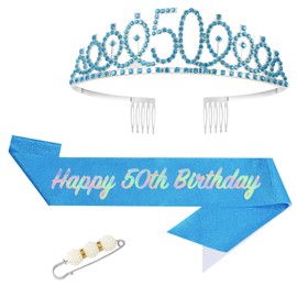 POPOYU 50th Birthday Crown and Sash, Crown 50th Birthday Women, 50th Birthday Tiara Blue, Crown 50th, 50th Birthday Girl Headpiece for Birthday Gift, Party Accessories