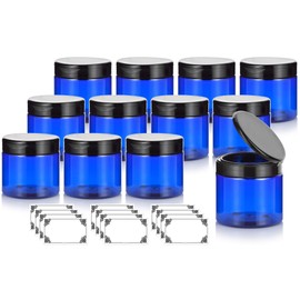 JUVITUS Cobalt PET Plastic (BPA Free) Refillable Jar with Black Flip Top Cap - 16 oz (12 Pack) + Labels