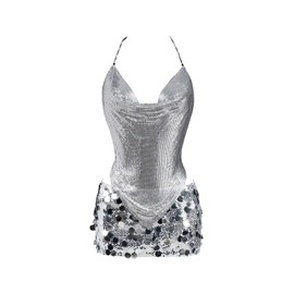 Floerns Women's Rhinestone Halter Tops Cowl Neck Sparkly Hanky Hem Date Night Cami Top Silver Small