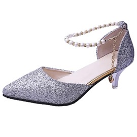 Lopis Women's Pumps, Shoes, 2.4 inches (6 cm), Heels, Easy to Wear, Fashionable Shoes, Beautiful Legs, Long Legs, Strap, Glitter, Lightweight, Easy to Walk, No Pain, Silver, 22.0 cm