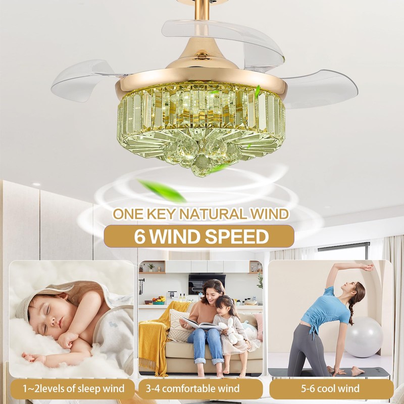 Zynfandor 30" Retractable Crystal Ceiling Fan with Light, RGB Modern