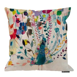HGOD DESIGNS Watercolor Birds Peacock Elk Cotton Linen Decorative Throw Pillowcase Cushion Cover (Peacock) 18X18 Inches