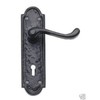 Black Antique Victorian Scroll Door Handles on Shaped Backplate Lever Lock