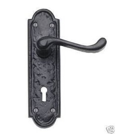 Black Antique Victorian Scroll Door Handles on Shaped Backplate Lever Lock