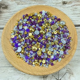 Mix Resin Rhinestones Half Round Pearls,30g Flatback Rhinestones Half Pearl Beads for Crafts Multi Size 3mm-10mm Half Pearl Rhinestone for Bottles,Nail Art,Shoes (Gold Purple Series)
